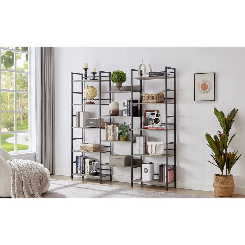 Bookshelf 5 Tier Etagere Bookcase, 70''H Tall Large Standing Bookcase - Grey