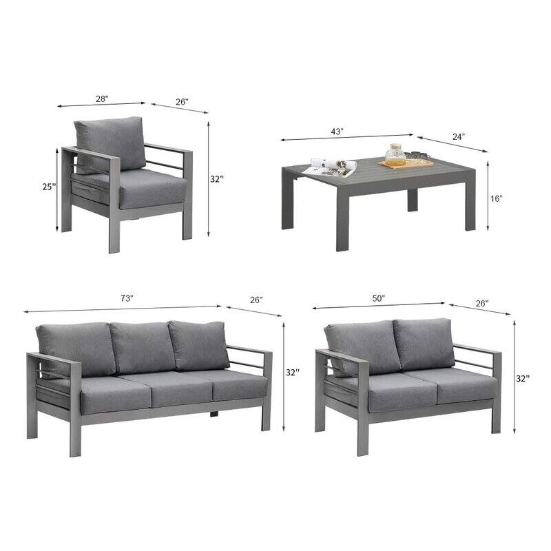 5-Pieces Aluminum Conversation Set Modern Grey Metal sectional Sofa with Dark Grey Cushions - 73x26x32
