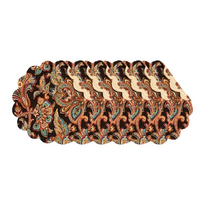 Dorothy Autumnal Brown Quilted Scalloped Paisley Floral Accents Placemats Set of 6, 17" - Multicolored