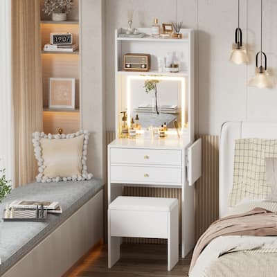 Makeup Vanity Table Set with 3 Adjustable Lighted Mirror and Storage Chair