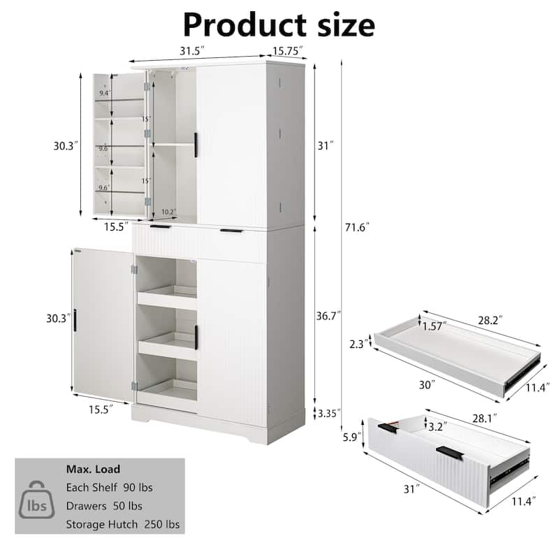 Fluted Kitchen Pantry Cabinet, Freestanding Sideboard Buffet Storage Cabinet with 3 Keyboard Drawers & 6 Door Shelves