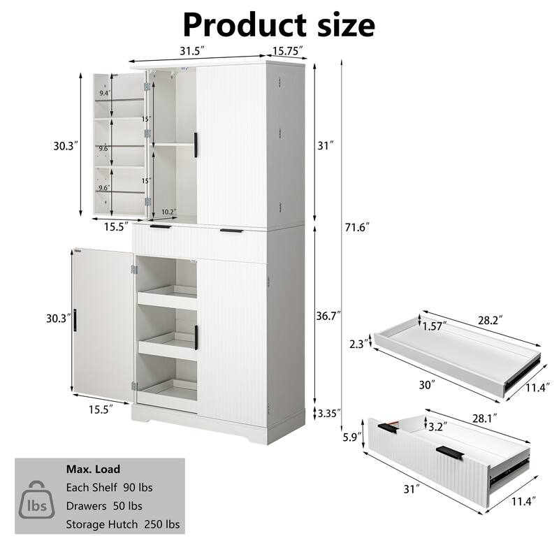Roomfitters 72" Tall Fluted Kitchen Pantry Cabinet with 4 Pull-Out Drawers & 6 Door Spice Racks