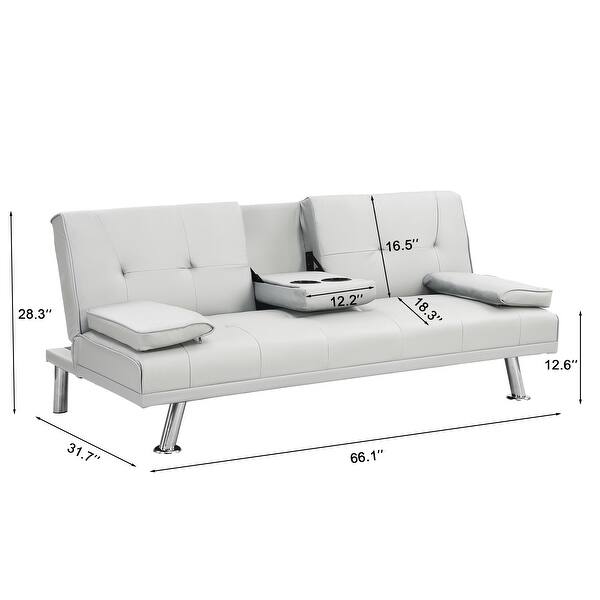 dimension image slide 1 of 2, Multifunctional Sofa Bed PVC Recliner Chair Bed Futon Chaise Lounge with Console and Cup Holder for Living Room, White