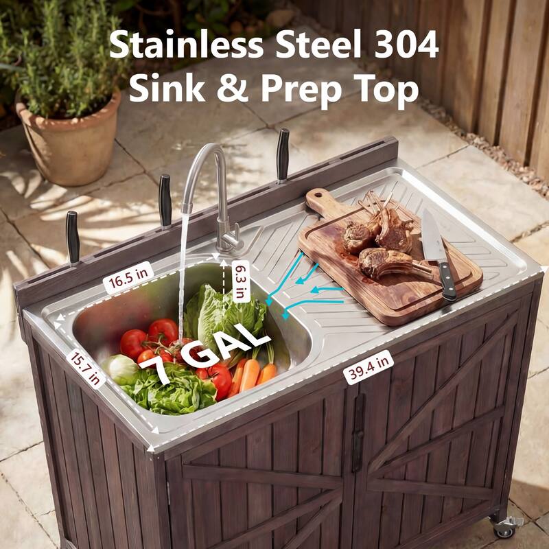 39.4" Outdoor Kitchen Island with 304 Stainless Steel Sink, Hose Hook Up & Faucet, Back Splash & 4 Wheels
