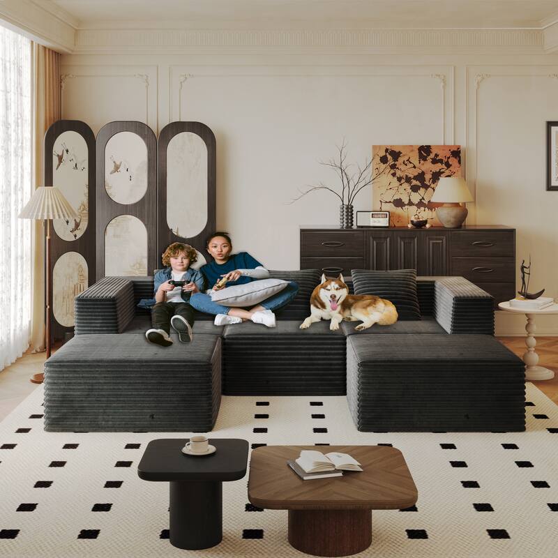 Corduroy Boneless Sectional Couch Floor Deep Seat Sofa with Pillows