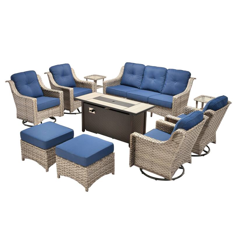 OVIOS 10-piece Patio Wicker Swivel Rocking Chair Set With Fire Pit