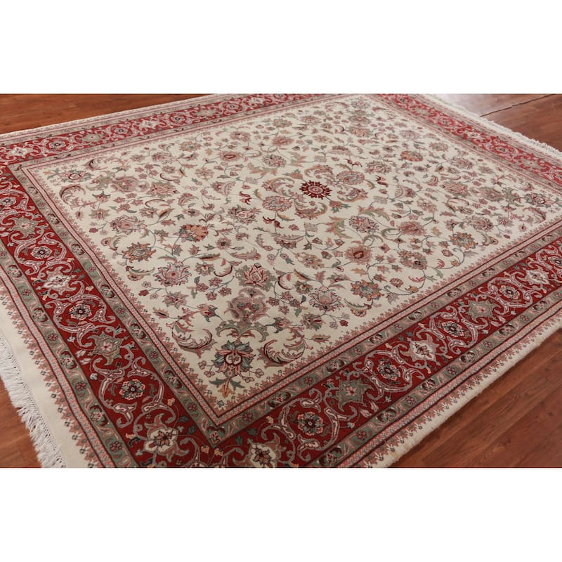 Ivory Floral Kashan Oriental Area Rug Hand-Knotted Wool Carpet - 7'10"x 10'1"