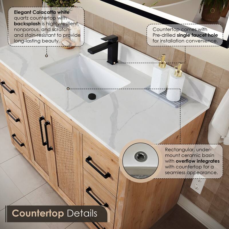 Floral Single Bathroom Vanity in Light Brown with Calacatta White Quartz Countertop without Mirror