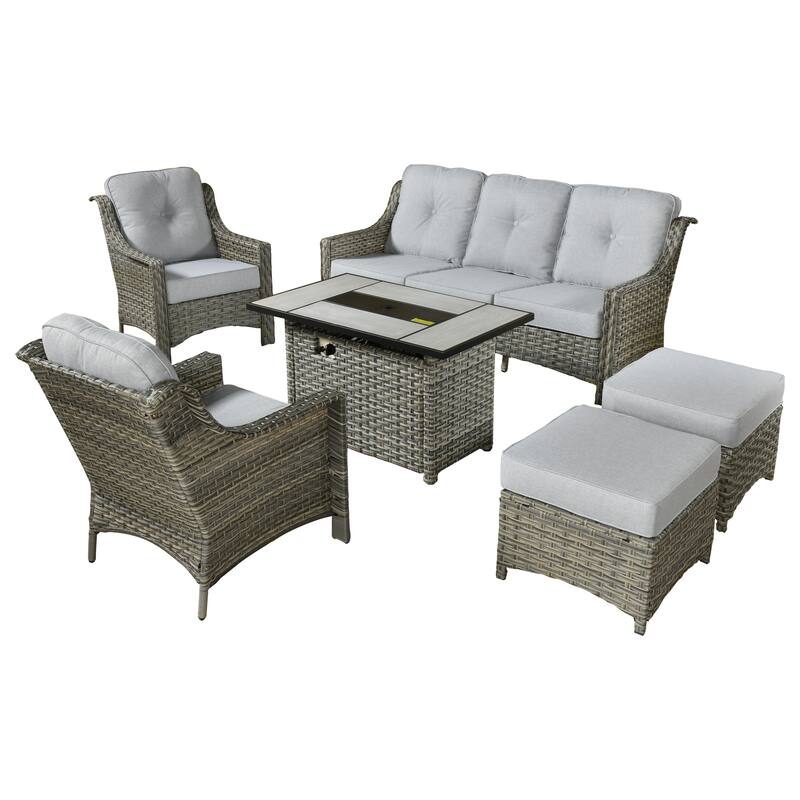 XIZZI 6-piece Rattan Wicker Outdoor Furniture Deep Seat Sofa Set with Fire Pit