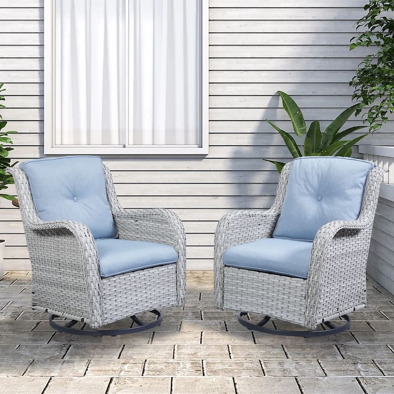 Gymojoy Wicker Swivel Glider Chair with Water-Resistant Olefin Cushions - 2-Piece - Light Gray Wicker / Babyblue Cusion