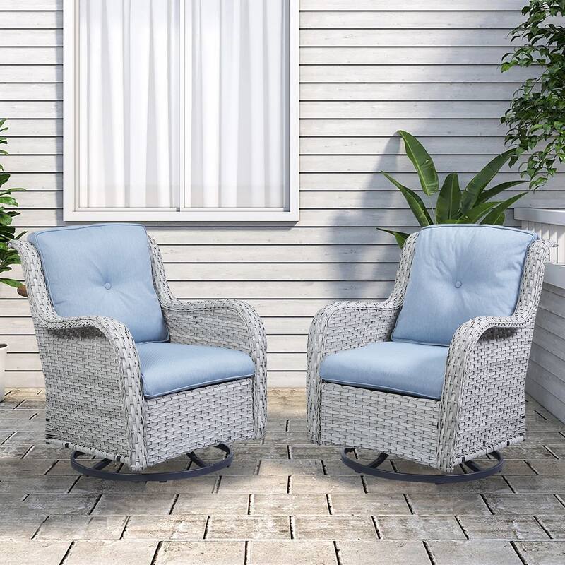 ArcoBay Wicker PE Rattan Outdoor Patio Swivel Glider Chairs with 4'' Olefin Cushions (2-Pack) - Light Gray Wicker - Baby Blue