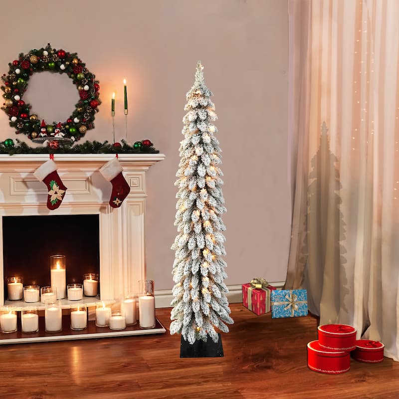 Puleo International Pre-Lit 5' Flocked Pencil Alpine Artificial Christmas Tree