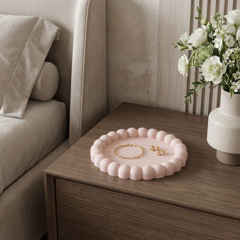 HomeRoots 6" Pink And White Resin Marbleized Handmade Round Trinket Tray - 5.50 in. x 0.75 in. x 5.50 in. - Pale Pink