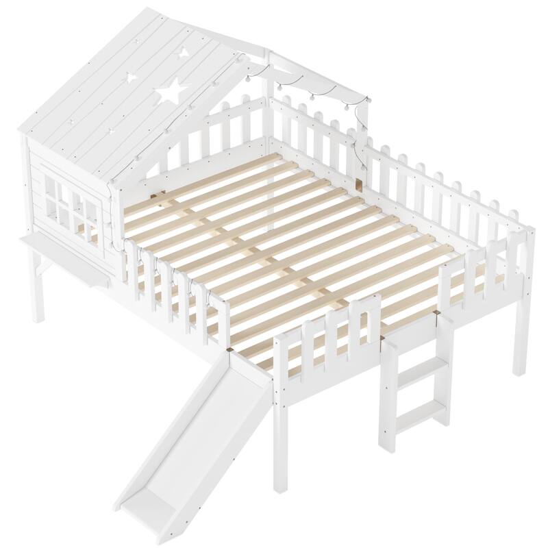 Full Size House Loft Bed with Slide,Playhouse Bed with Star Moon-shaped Designs and Window, Chic Design with LED Lights