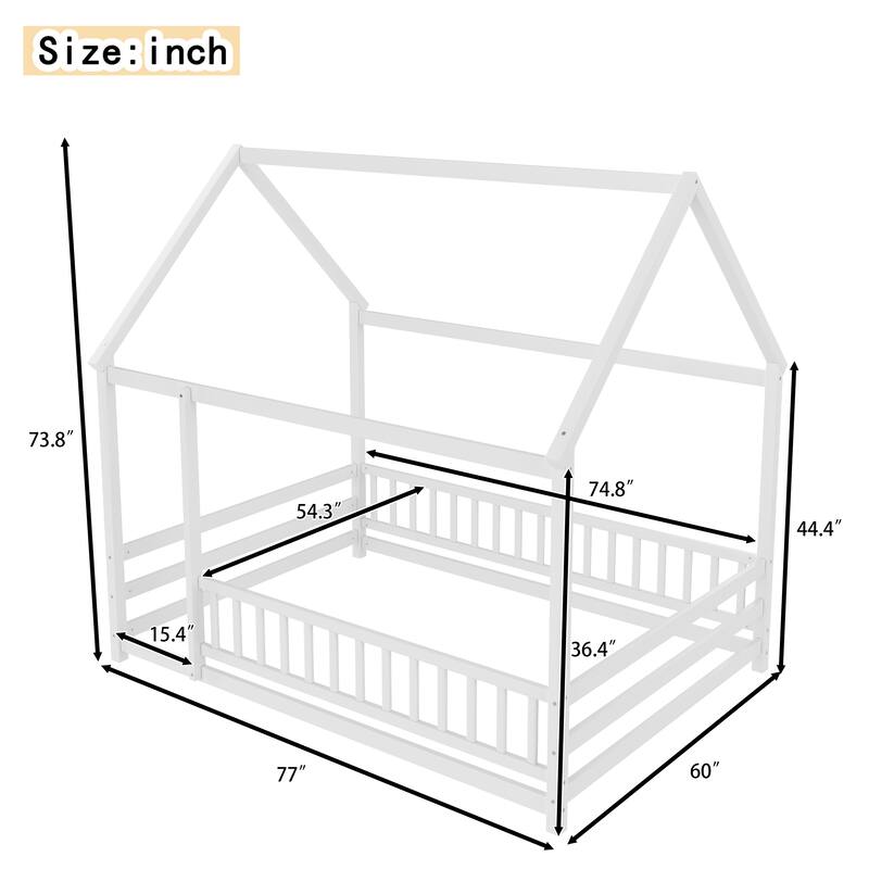 Wooden House Frame Floor Bed with Roof, Fence Guardrails, Pine Wood Kids Platform Bed for Bedroom