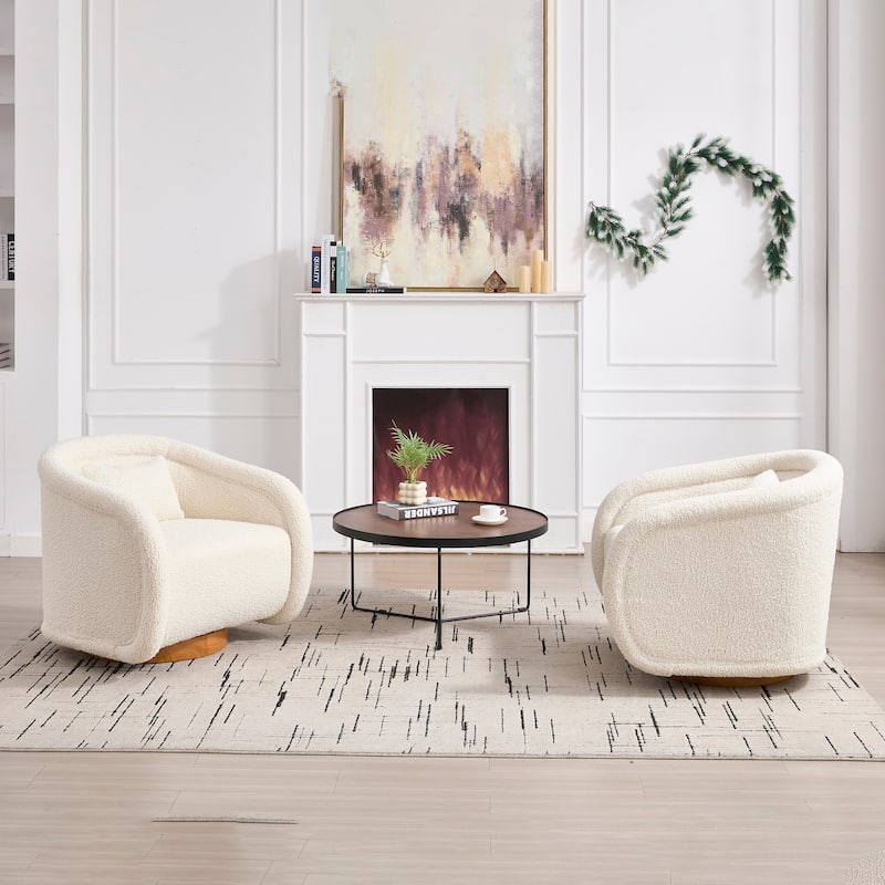 360° Swivel Upholstered Barrel Chair, Comfy Single Arm Reading Sofa, Leisure Club Chair with Cushion & Solid Wood Base