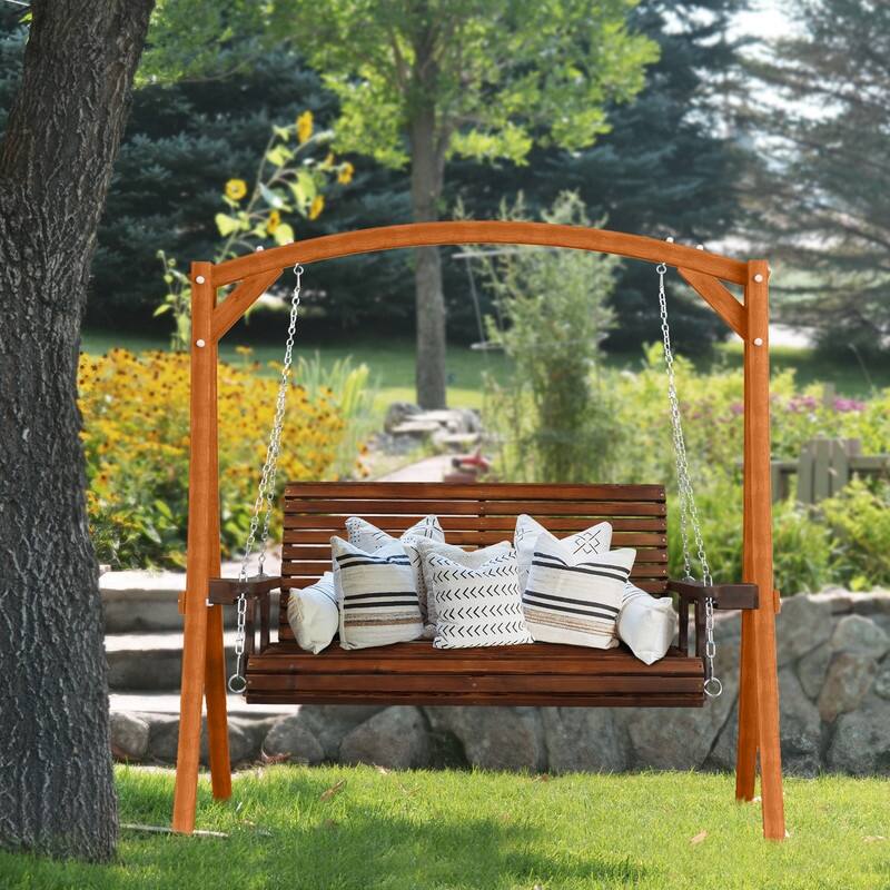 Upgraded 2-Person Wood Porch Swing with Cup Holders and Chains - N/A