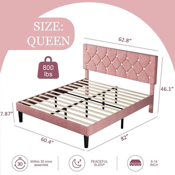 dimension image slide 9 of 18, VECELO Upholstered Beds With Diamond Tufted Headboard Platform Bed Frame 7.9'' Under Bed Space
