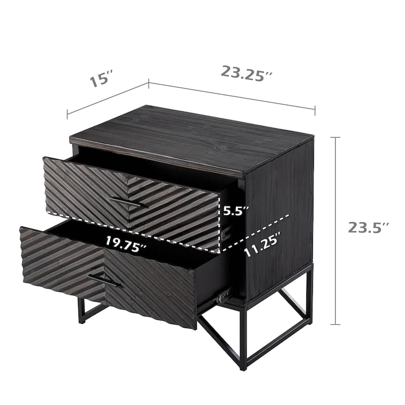 COZAYH Modern 2-Drawer Nightstand, Contemporary Line Accent End Side Table with Black Metal Base for Bedroom, Living Room