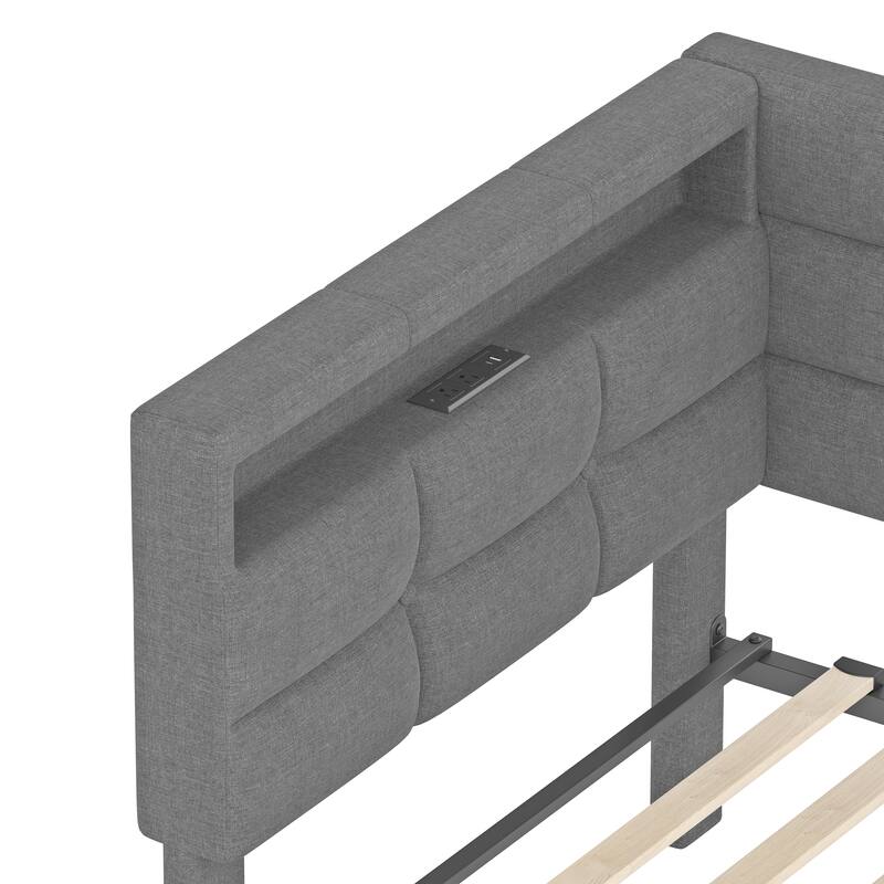 Upholstered Twin Size Daybed with 2 Drawers, Charging Station & LED Lights