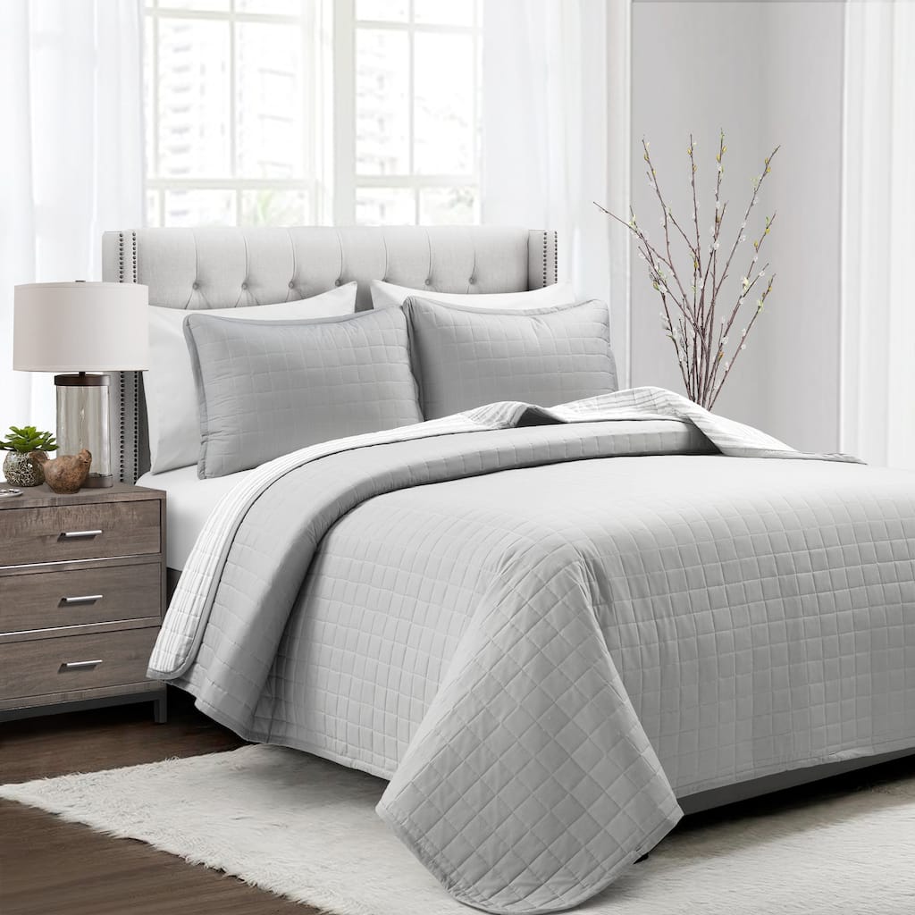 Lush Decor Farmhouse Box Stitch And Stripe Oversized Reversible Cotton Quilt Set