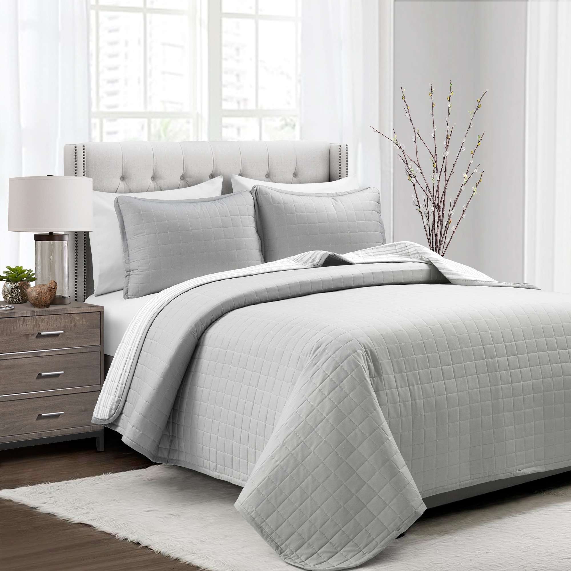 Lush Decor Farmhouse Box Stitch And Stripe Oversized Reversible Cotton Quilt Set