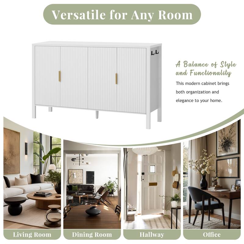 Storage Cabinet with 4 Stripe Door and Side Hooks, Buffet Cabinet Adjustable Shelves & Aluminum Handles for Living Room