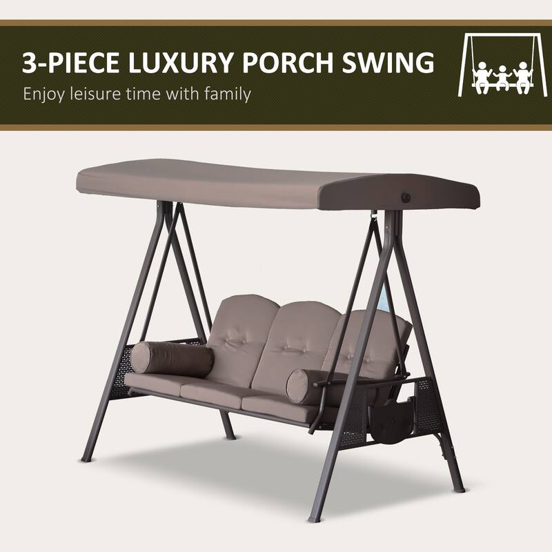 Outsunny Outdoor Patio 3-Person Canopy Cushioned Seat Bench Swing with Included Side Trays & Padded Comfort