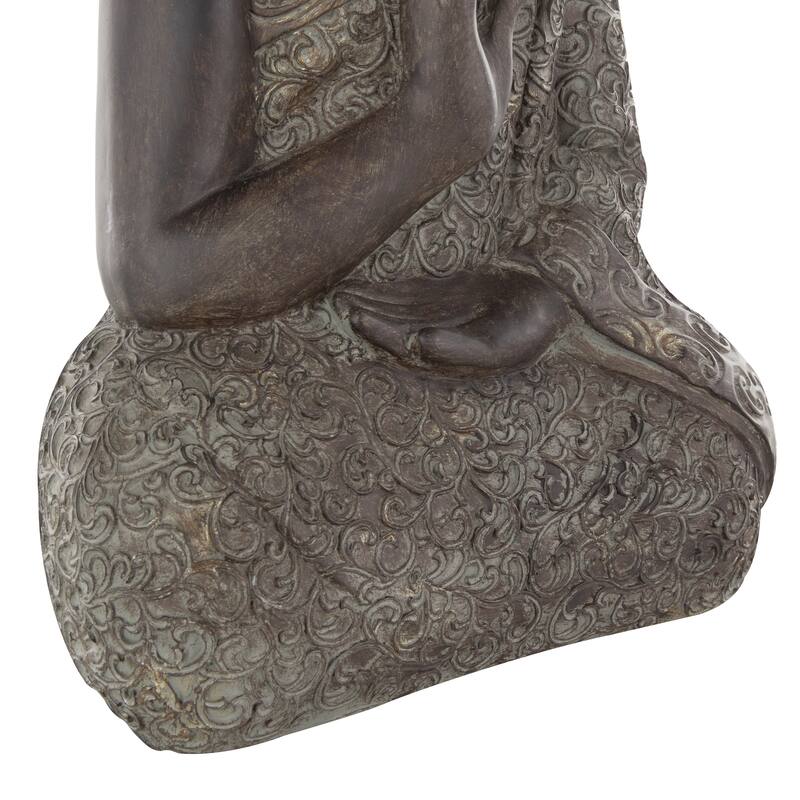 Brown Polystone Meditating Buddha Decorative Sculpture with Engraved Carvings and Relief Detailing