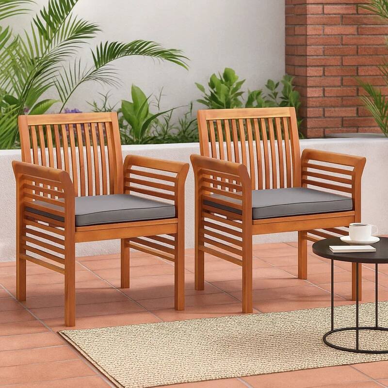 Kim Outdoor Set of 2, Geay Seat Armchair, Brown Acacia Wood
