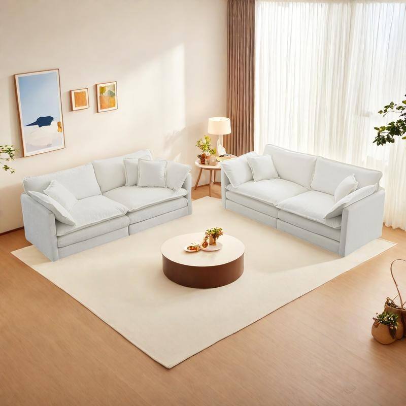4-Seat Chenille Living Room Sofa Set (Two 2-Seater Sofas) with Solid Wood Frame & Modular Design - White