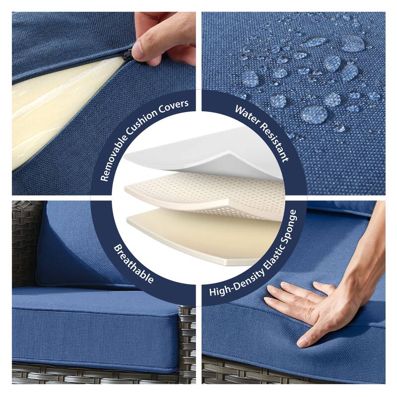 Meyreso Gray Wicker 3-Seat Patio Sofa with 4-Inch Thick Cushions and ottomans