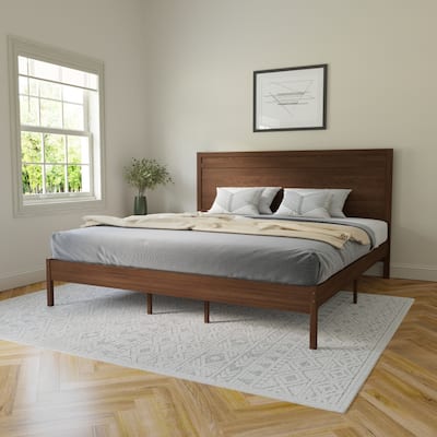 Modern Solid Wood Platform Bed with Headboard and Wooden Slats