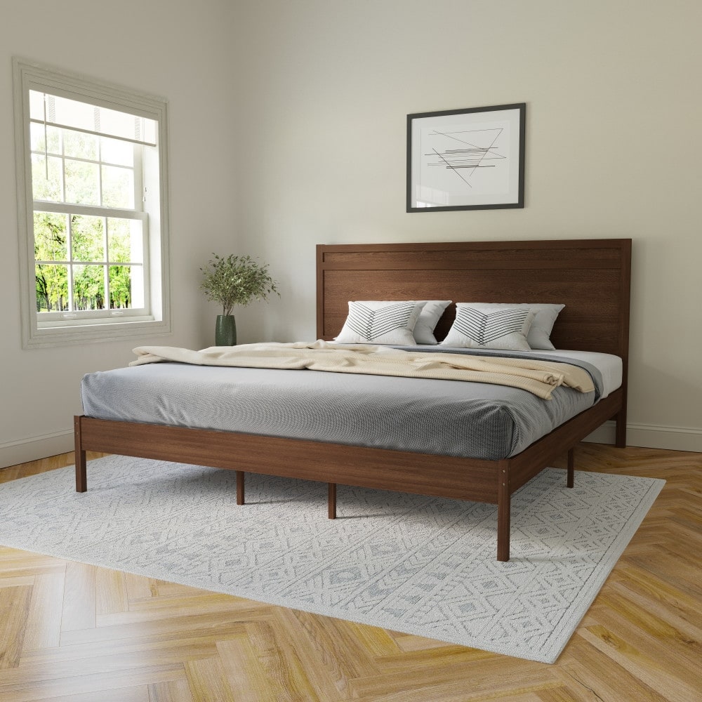 Modern Solid Wood Platform Bed with Headboard and Wooden Slats