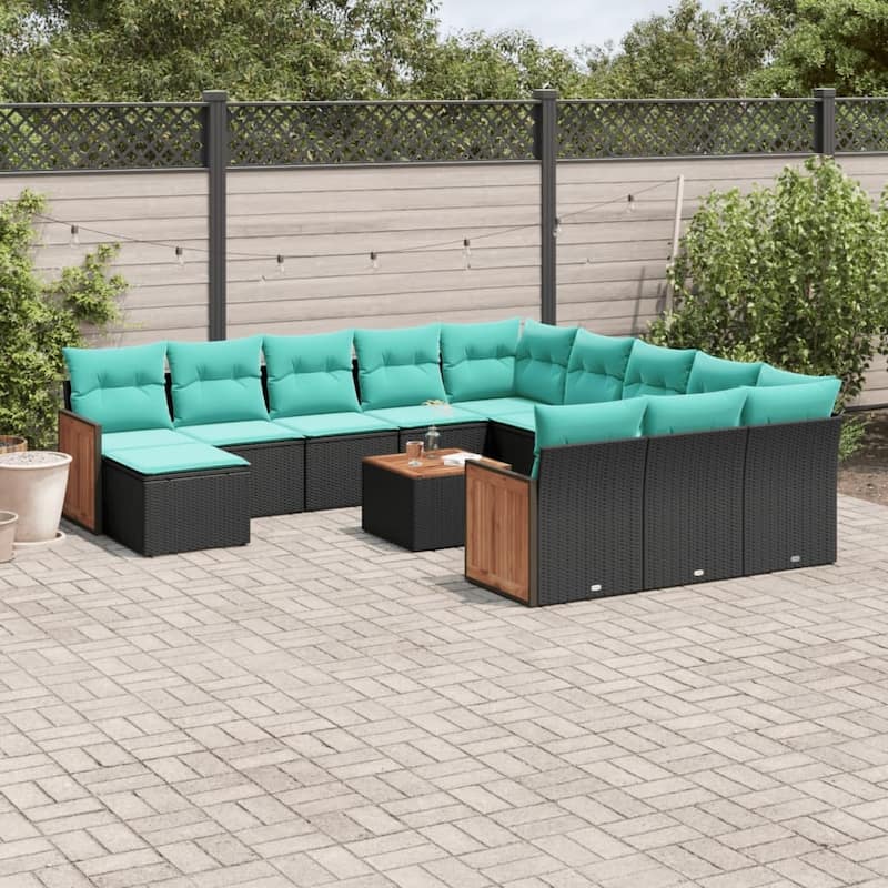 vidaXL 12 Piece Patio Sofa Set with Cushions Black Poly Rattan - 24.4x27.2x24.4-With table