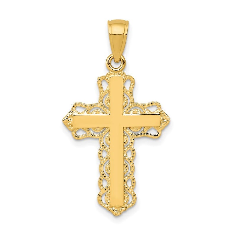 Curata 14k Yellow Gold 18" Textured Polished Lace Trim Cross Pendant Necklace