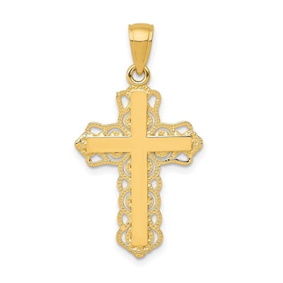 Curata 14k Yellow Gold 18" Textured Polished Lace Trim Cross Pendant Necklace