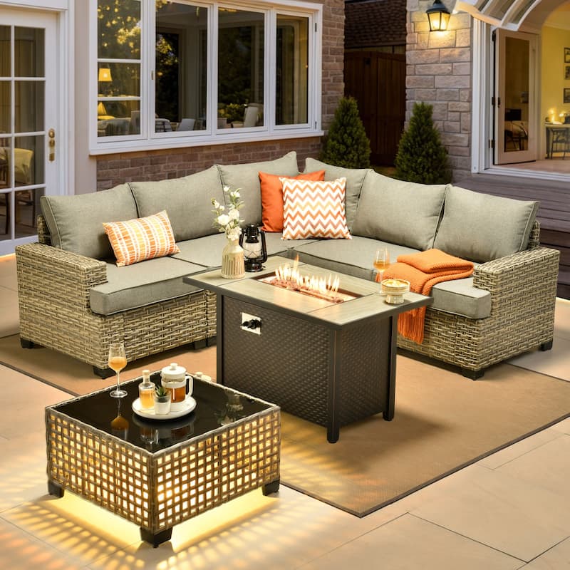XIZZI 7 Pieces Patio Furniture Wicker Sectional Sofa Set with Fire Pit Table - Dark Grey