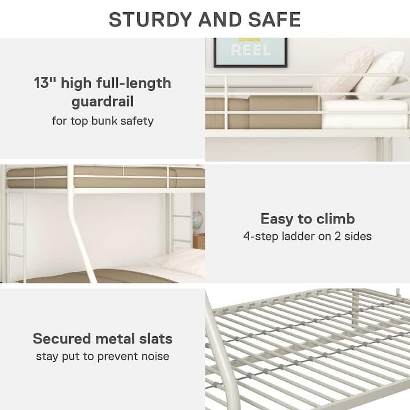 Space-Saving Twin over Full Metal Bunk Bed with Safety Rails and Storage Clearance
