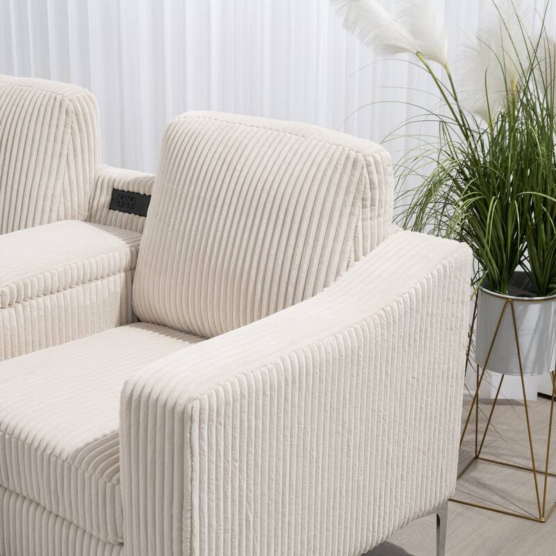129.14" Corduroy 6-Piece Modular Sectional Sofa with Storage Ottoman, USB Charging and Cup Holders