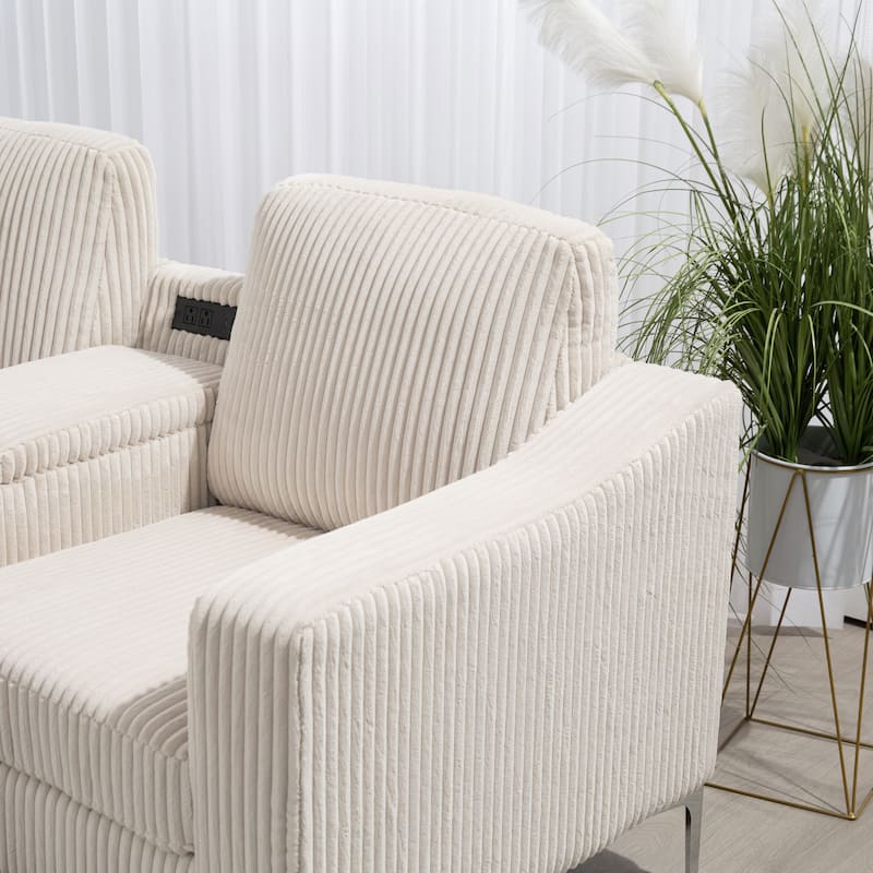 95.67" Corduroy 5-Seat L-Shaped Sectional Sofa with Storage Ottoman, USB Ports and Cup Holders