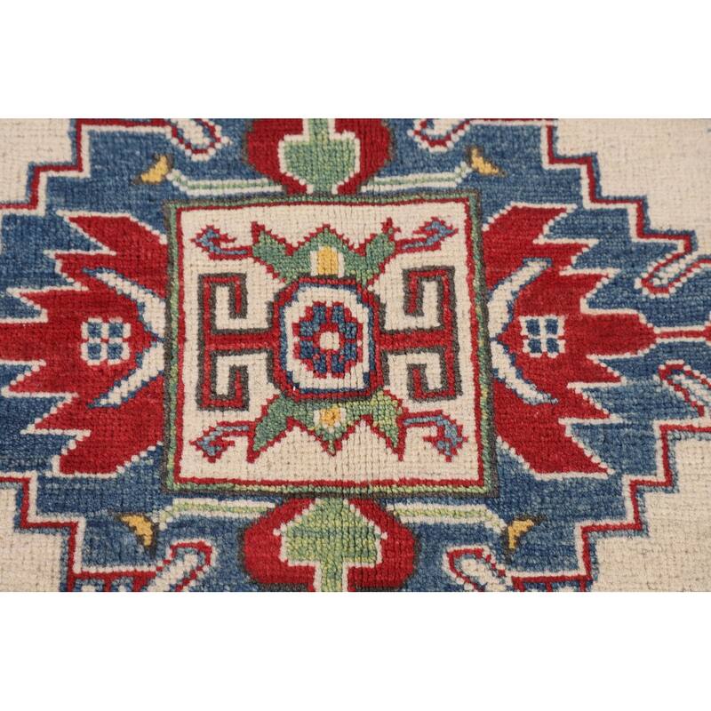 Kazak Oriental Area Rug Handmade Geometric Beige Wool Carpet - 5'0" x 7'3"