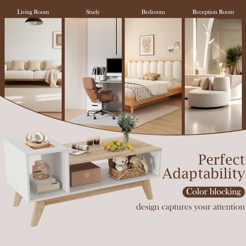 Gymax Coffee Table 43'' Center Table w/ Stepped Tabletop & Storage