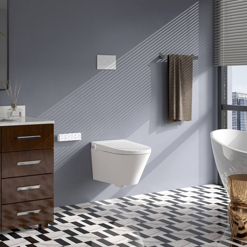 HOROW Wall Hung Elongated Smart Toilet Bidet in White with Auto Open, Auto Close, Heated Seat and Remote, No Tank, No Bracket - White