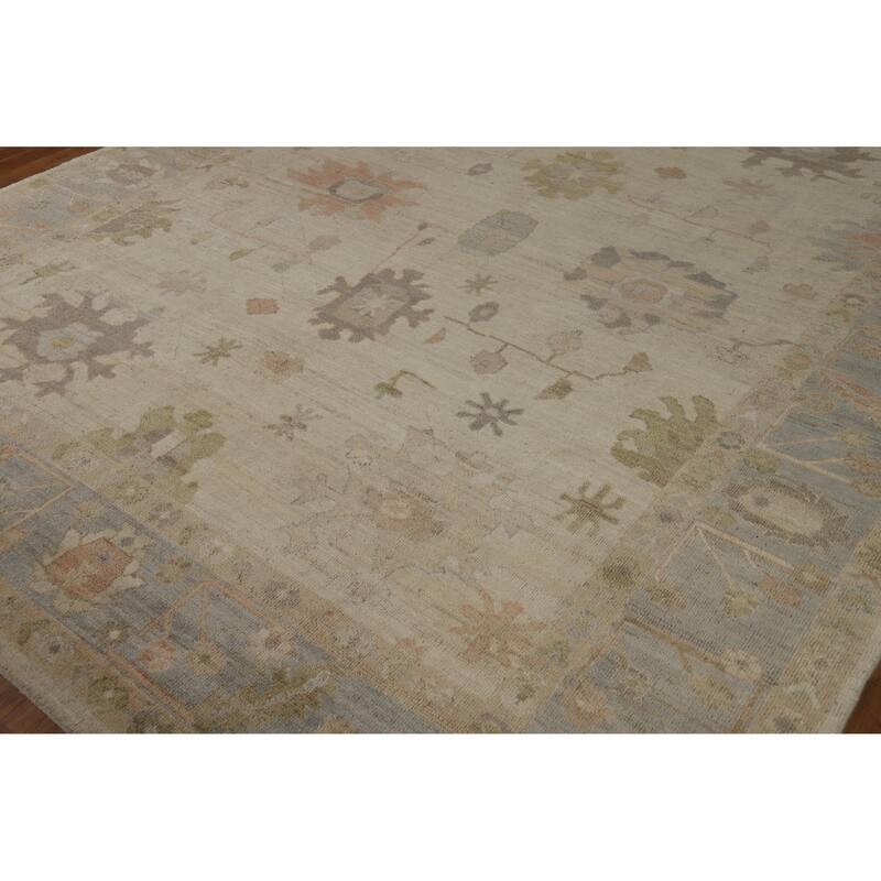 Hand Knotted Oriental 100% Wool Carpet Transitional All-Over Beige & Ivories Oushak Area Rug - 9' 9'' X 8' 2''
