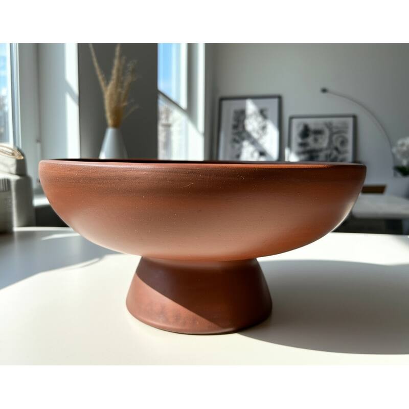 Pottery Terracotta Bowl with Pedestal Base Contemporary Casual Style
