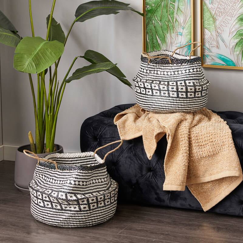 Black/White Seagrass Boho Eclectic Plant Storage Basket (Set of 2) - S/2 16", 14"H