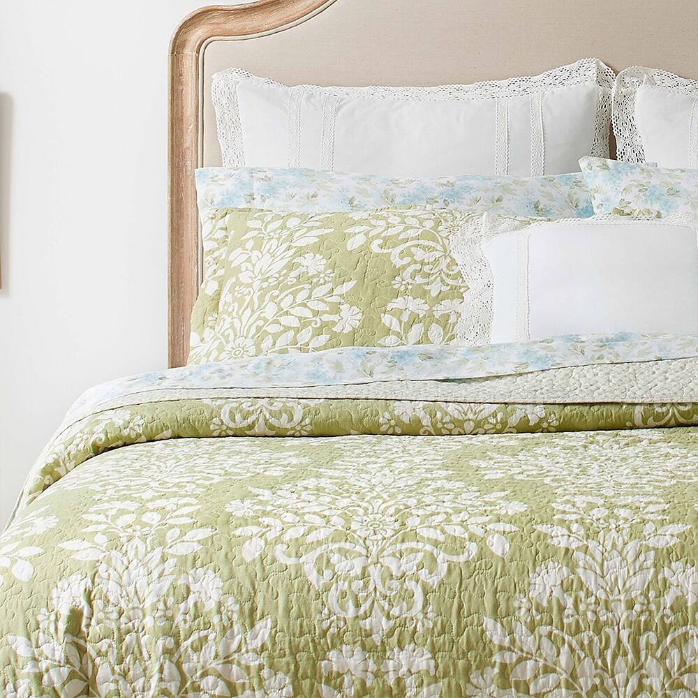 Twin Damask Quilt Set Reversible Natural Breathable Light Green Bed