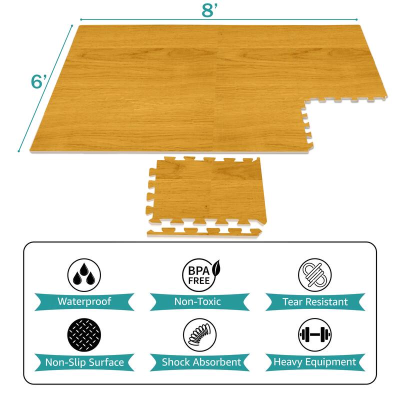 Interlocking Floor Mat - Gray Wood Print, 12 Pieces and Borders
