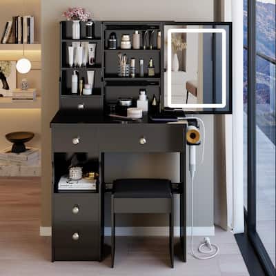 29.2"Left Drawer Desktop Vanity Table + Cushioned Stool,2 AC+2 USB Power Station,Hair Dryer Bracket,Extra Large Sliding Mirror